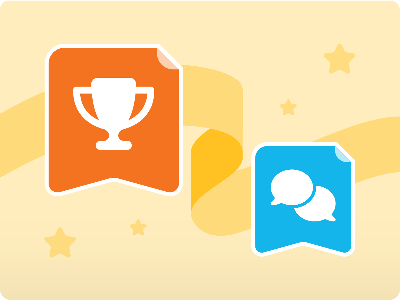Two rectangular badges, one orange with a trophy icon and one blue with speech bubble icons, appear against a light background with stars and a yellow ribbon—perfect for celebrating teacher awards or to nominate a teacher for an award in early literacy.