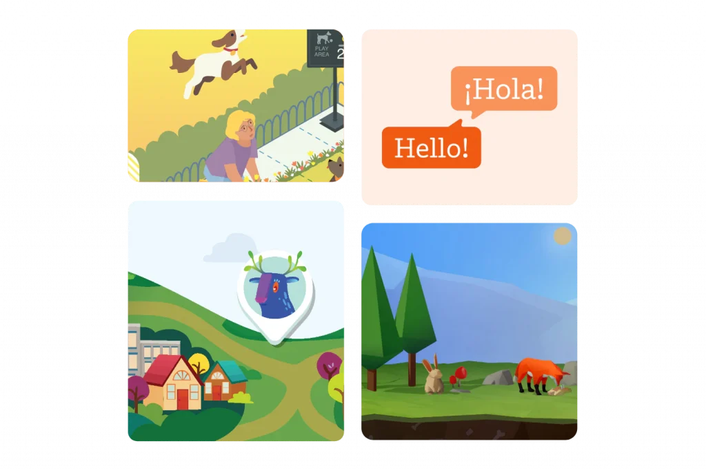 Four vibrant illustrations feature a goat, greeting phrases in Spanish and English, a map with an animal icon, and a fox with rabbits in a forest—perfect for engaging multilanguage & English language learners.